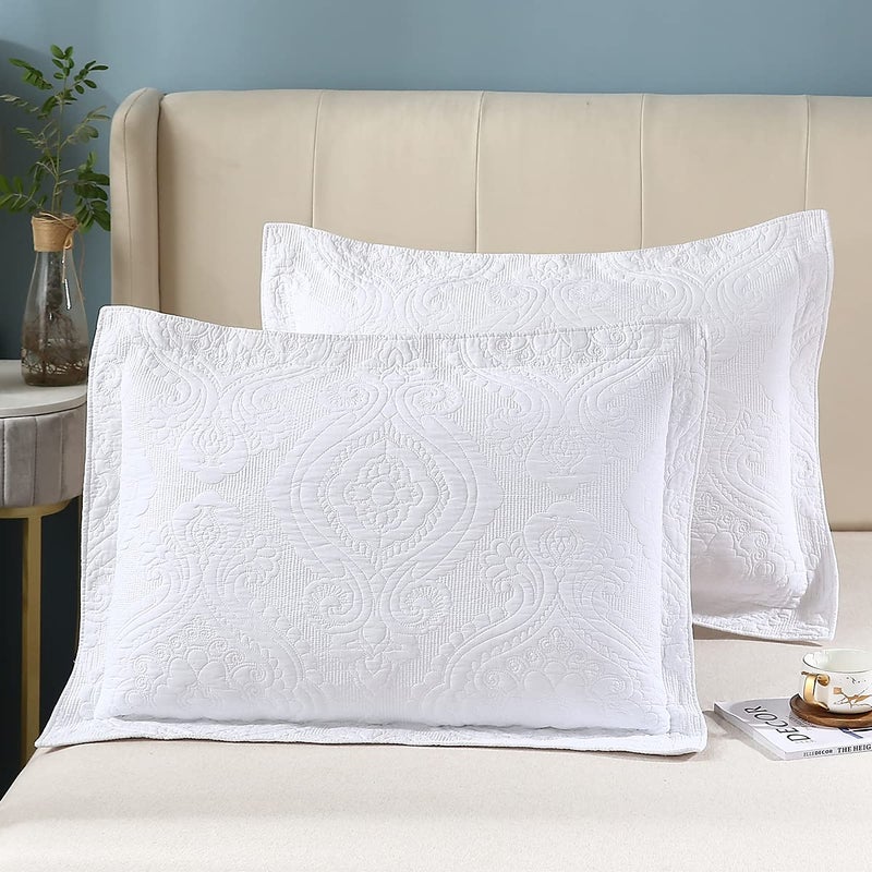 WINLIFE American Style Quilted Embroidered Solid Color Pillow Cases King Size 100% Cotton Boho Chic Printed Pillow Shams Set of 2 (20''x 36''  Damask  White) - Image 1